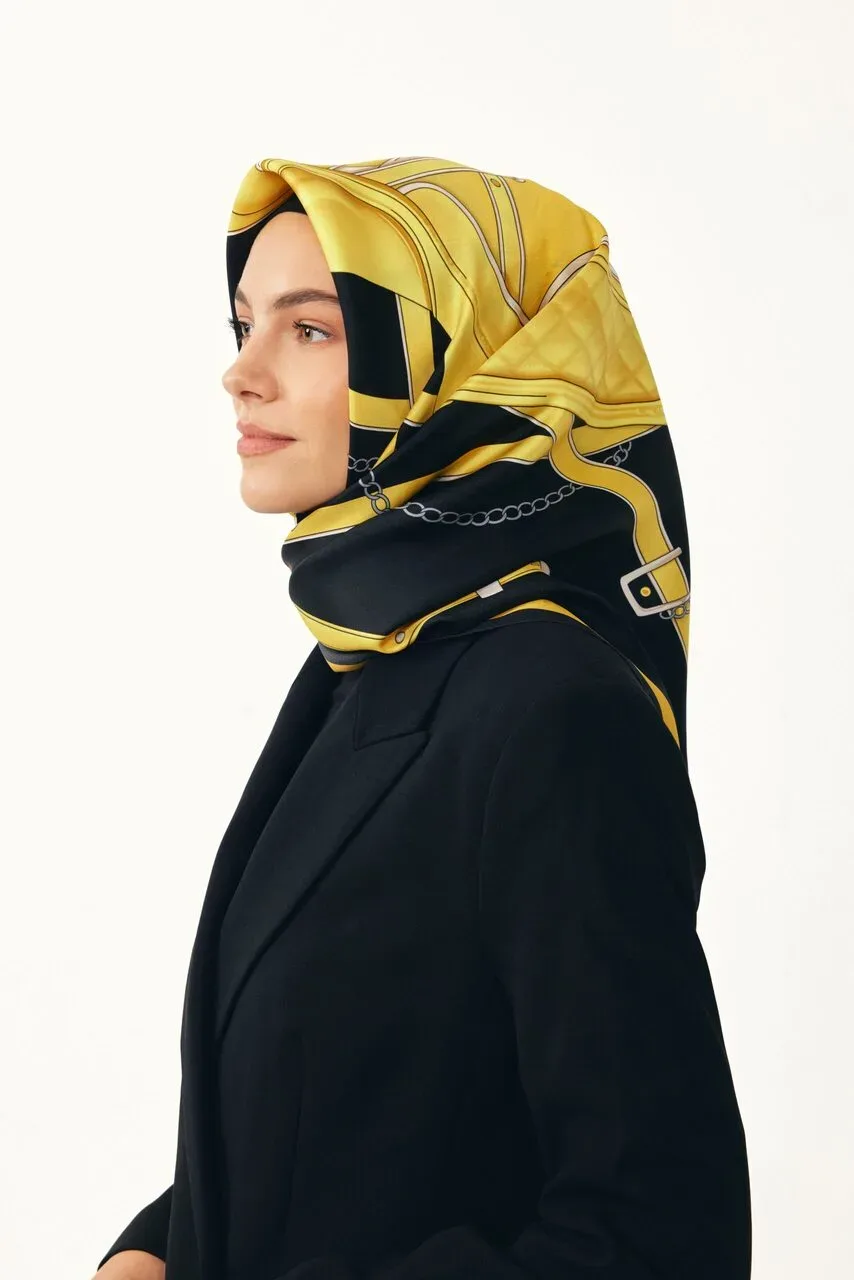 Eyer Desen %100 Twill İpek / Sarı Eşarp