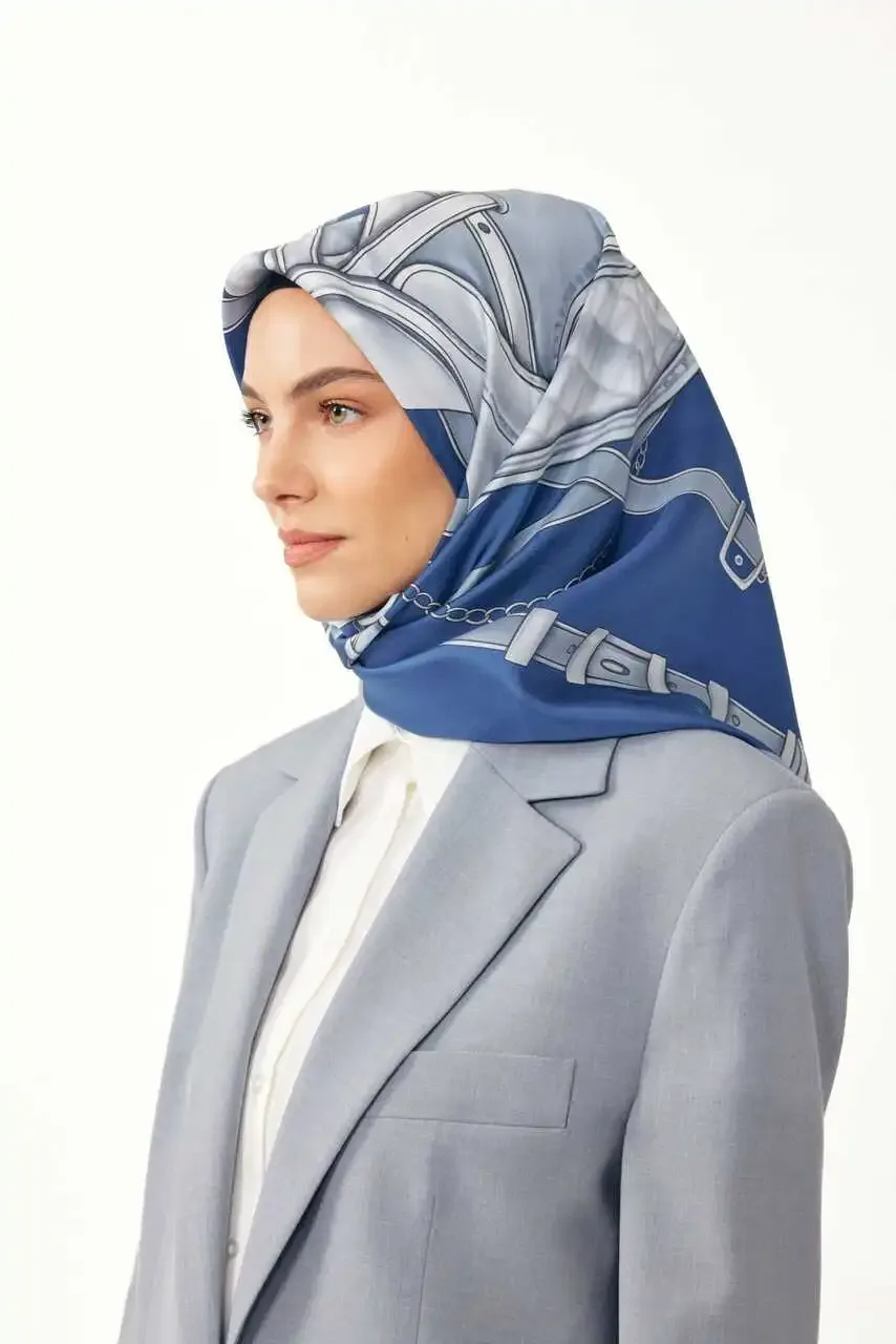 Eyer Desen %100 Twill İpek / Mavi Eşarp